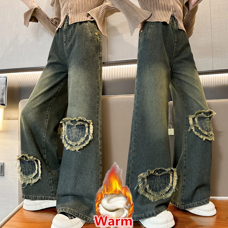 

Elegant Kids Child Winter Loose Straight Thermal Jeans with Hearts Applique for Tweens Girl Fleece Lined Retro Blue Denim Pants