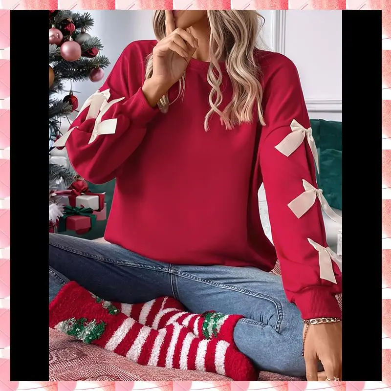 

Women's Y2K Ribbon Long Sleeve Top - Crew Neck Red Christmas & New Year Bowknot Oversized Pullover Shirt