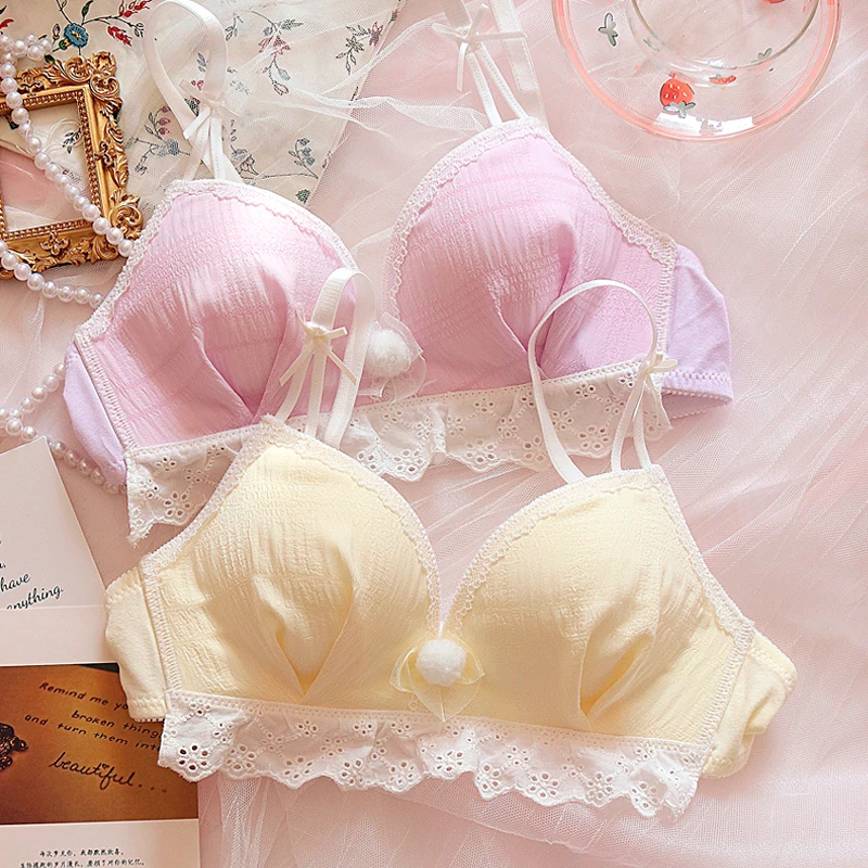 Cream macaron colors lingerie panty Japanese girl bralette hairball gather bra set girl underwear small chest home wear bras