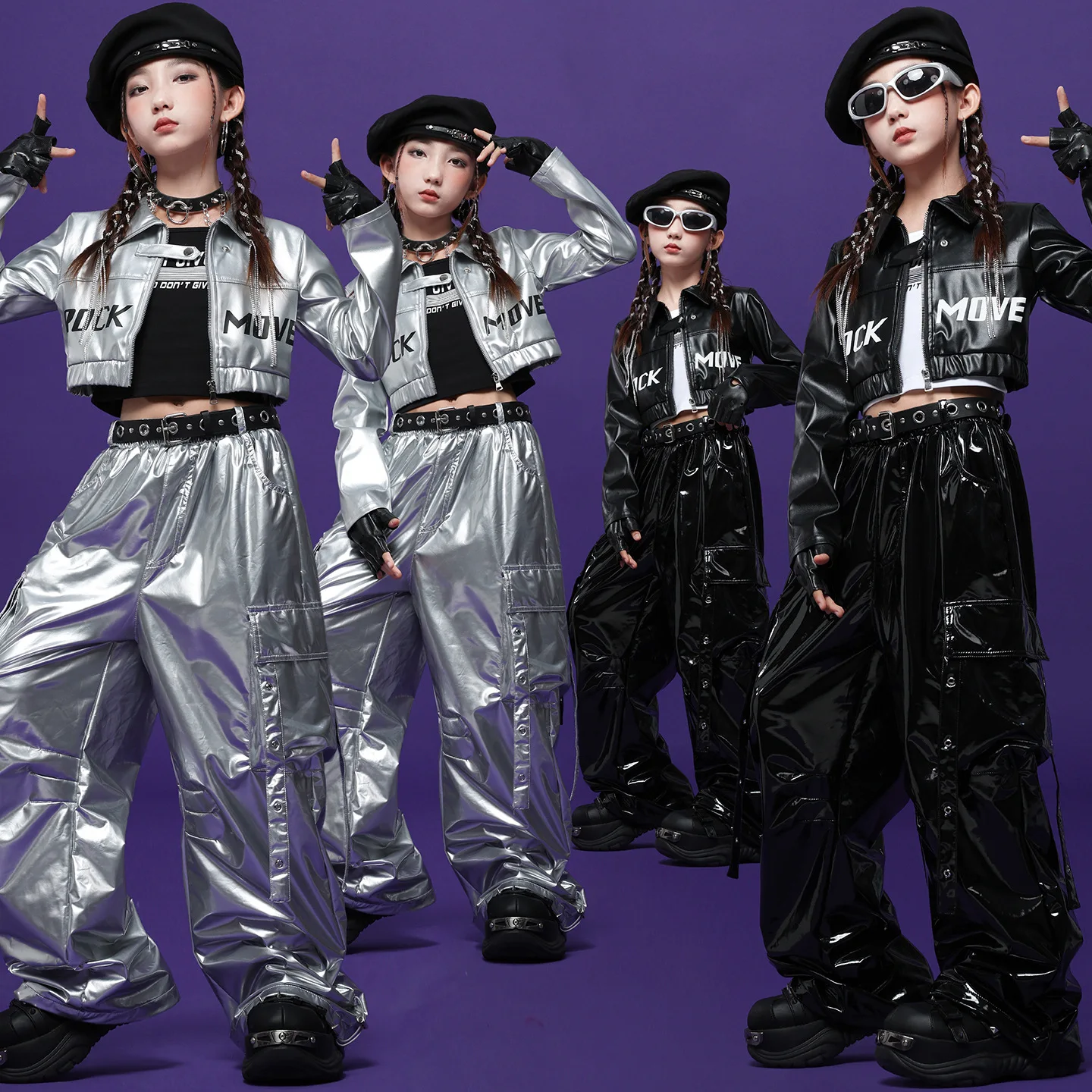 

Kid Kpop Hip Hop Clothing Silver Black Metalic Crop Jacket Street Faux Leather Strap Cargo Pants for Girls Dance Costume Clothes