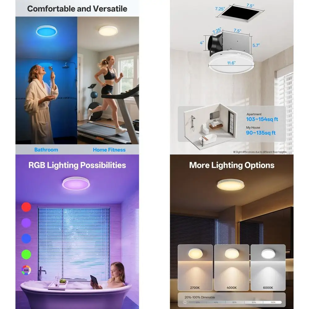 

Вытяжной вентилятор для ванны с RGB-подсветкой, 110 куб. футов в минуту, 3 температуры, 5 уровней яркости, пульт дистанционного управления, тихая работа