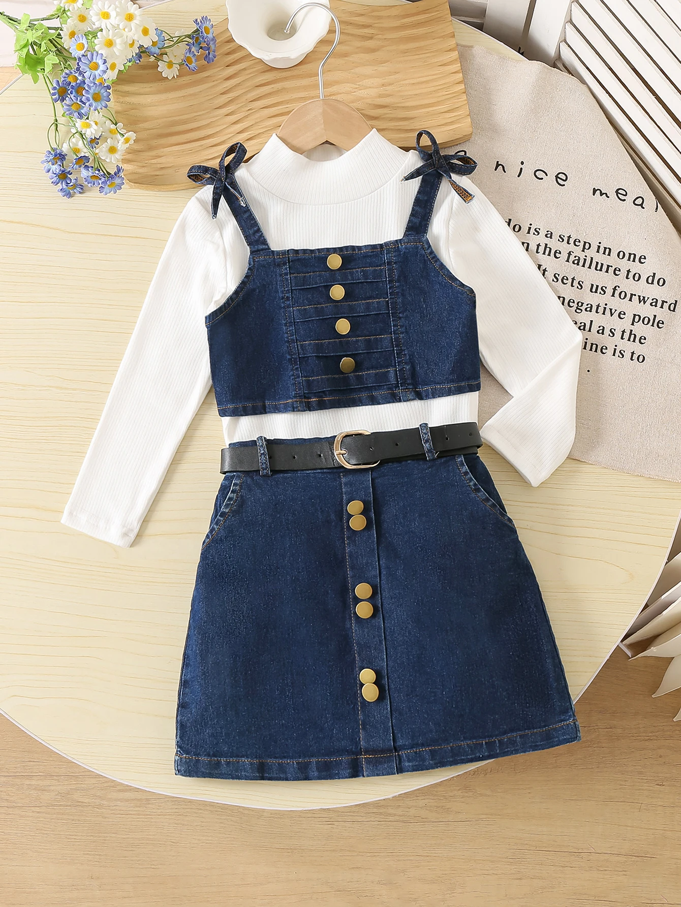 

Girls' autumn and winter best-selling three-piece set: bowknot camisole, multi-button midi skirt, and long-sleeved top