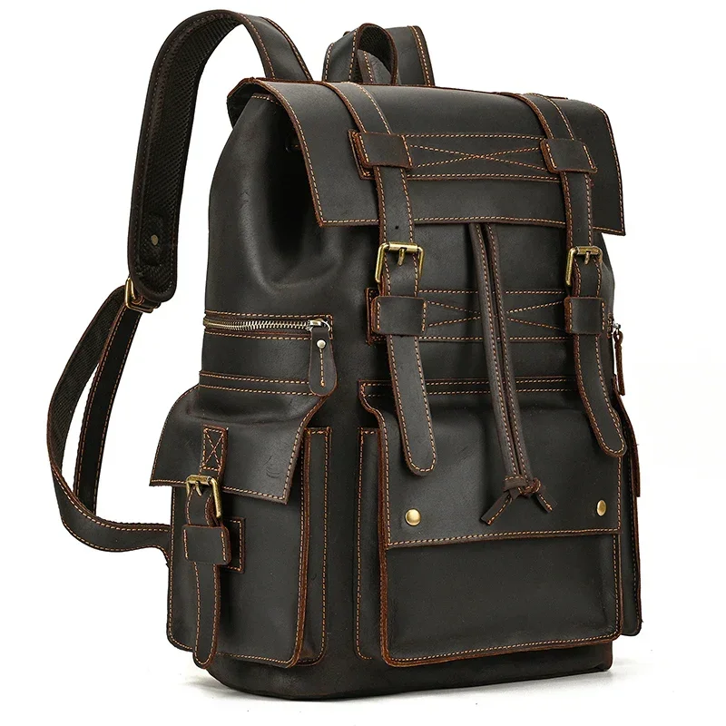 Vintage Leather Bagpack Crazy Horse Leather Men's Daypack Male Travel Backpack Large Capacity 15.6 Inch Laptop Backpack For Men