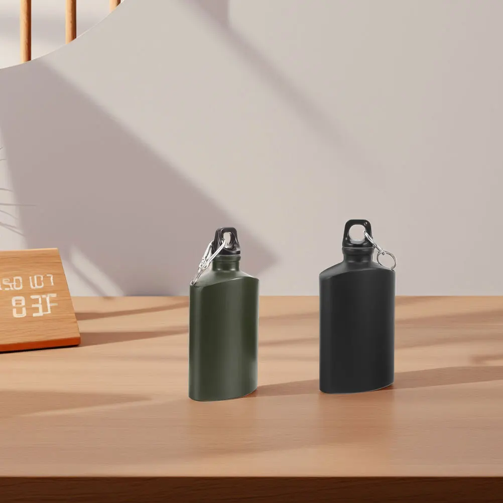 

2Pcs Outdoor Water Bottle Flat Aluminum Alloy Portable Leakproof Canteen Lightweight Hiking Camping with Hook Water Jug