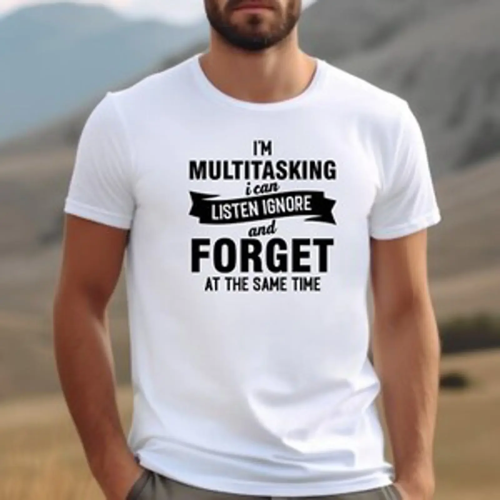 T-shirt « I Am Multitaskin » – Peut écouter, ignorer et oublier – Imprimé amusant – Homme – Vintage – Effet délavé – Légèrement streetwear – Extensible – Doux