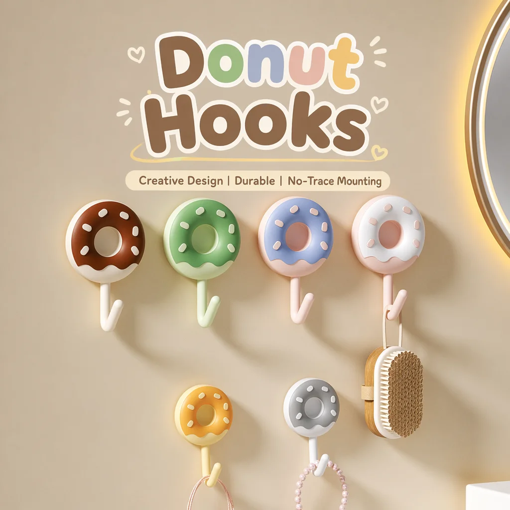 6PCS Cute Donut Colorful Self Adhesive Wall Hooks Sticker Hooks Towel Coat Key Pants Hanger Bathroom Kitchen Storage Accessories