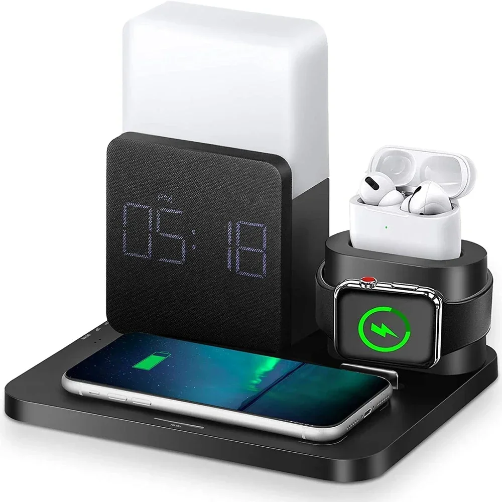 Wireless Charger 3 In 1 Fast Charging Station Digital Alarm Clock  Night Light Compatible for IPhone 13 Iwatch/AirPods Charging