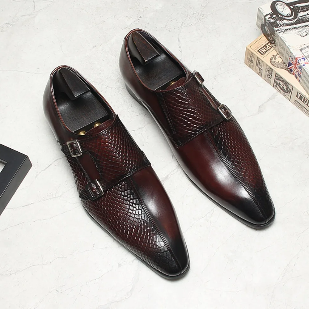 Classic Retro Dress Men's Monk Leather Shoes with Pointed Toe Buckle Business Office Wedding Comfortable Men's Oxfords Shoes