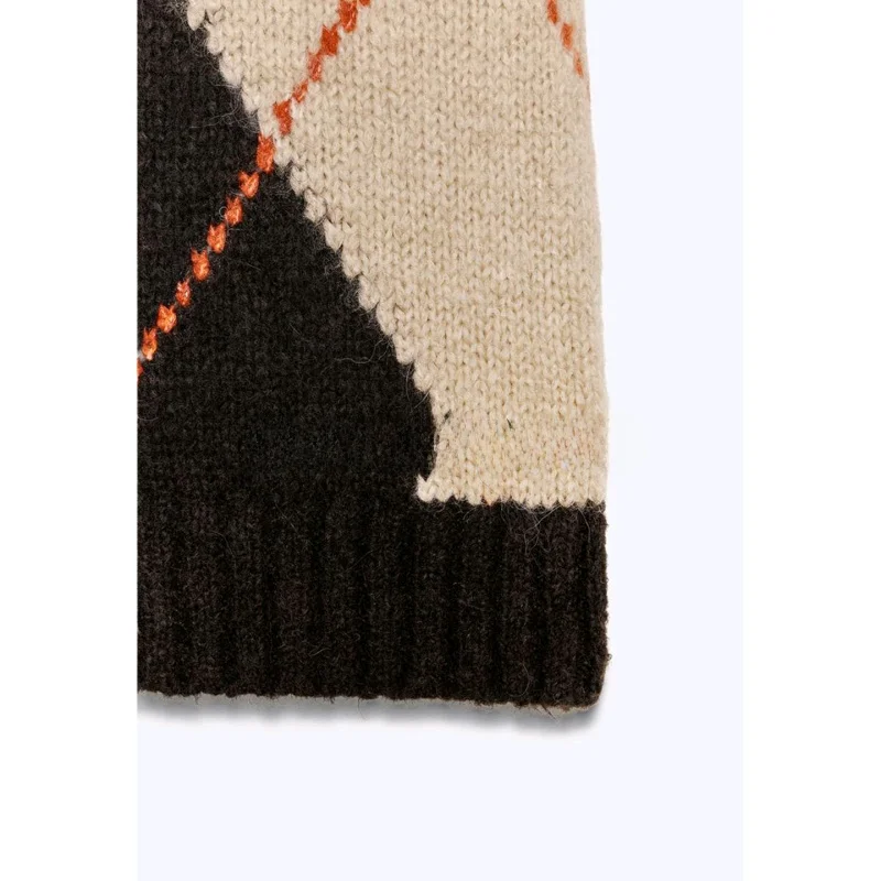 

Fall New Women's round Ne Svel Diamond Pattern Knitted Vest Sle Top High Ne Polyester Fiber 00% Commute Sle