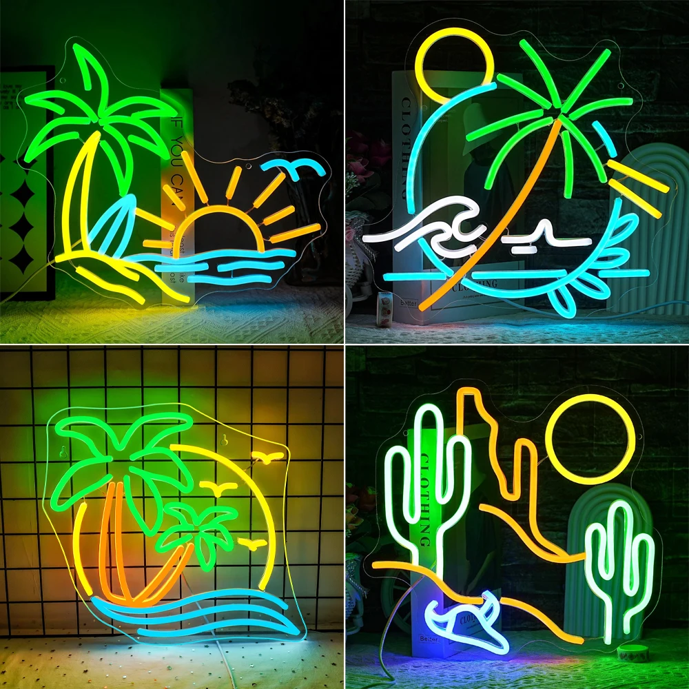 Beach Scenery Neon Sign Coconut Tree Art Room Decoration Led Art Lamp For Holiday Hotel Bedroom Bar Club Dimmable Lamp USB 5v