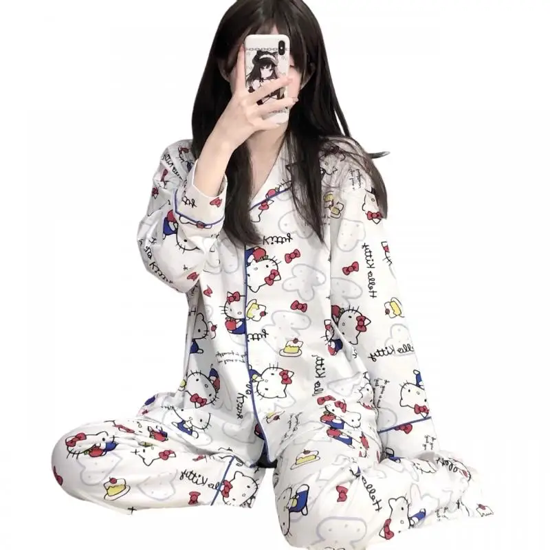 

Sanrio Anime Woman Pajamas Set Hello Kitty Kuromi Kawaii Cartoon Loose Sleepwear Pajamas Sets Girl Long Sleeves Home Wear 2Pcs