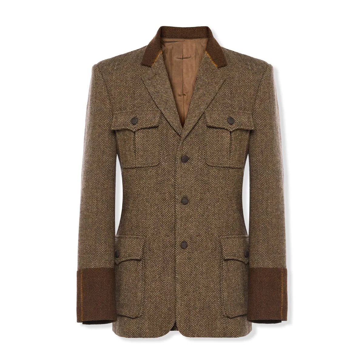 Classic Brown Herringbone Tweed Field Jacket with Contrast Collar and Four Flap Pockets Men Autumn  Customized M265464