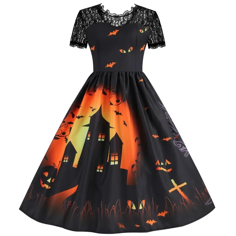 Women's New 2025 Spliced   Halloween Lace Short-sleeved Spliced   sexy Positioning Print Dress