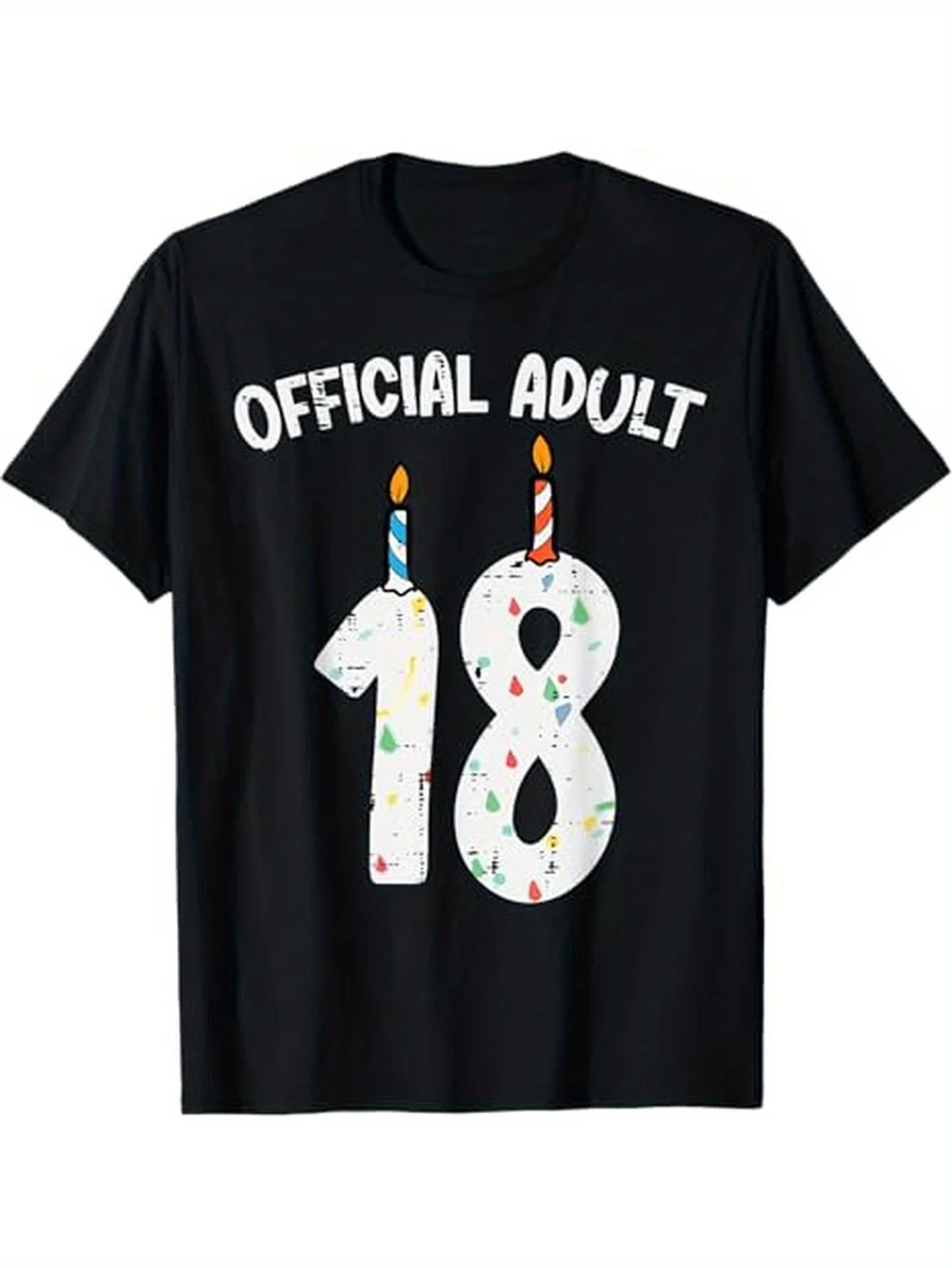 تي شيرت رسمي للاحتفال بعيد الميلاد الثامن عشر للبالغين. تي شيرت ناعم 100% قطن، أسود، بتصميم شمعة ملونة، كاجوال #1