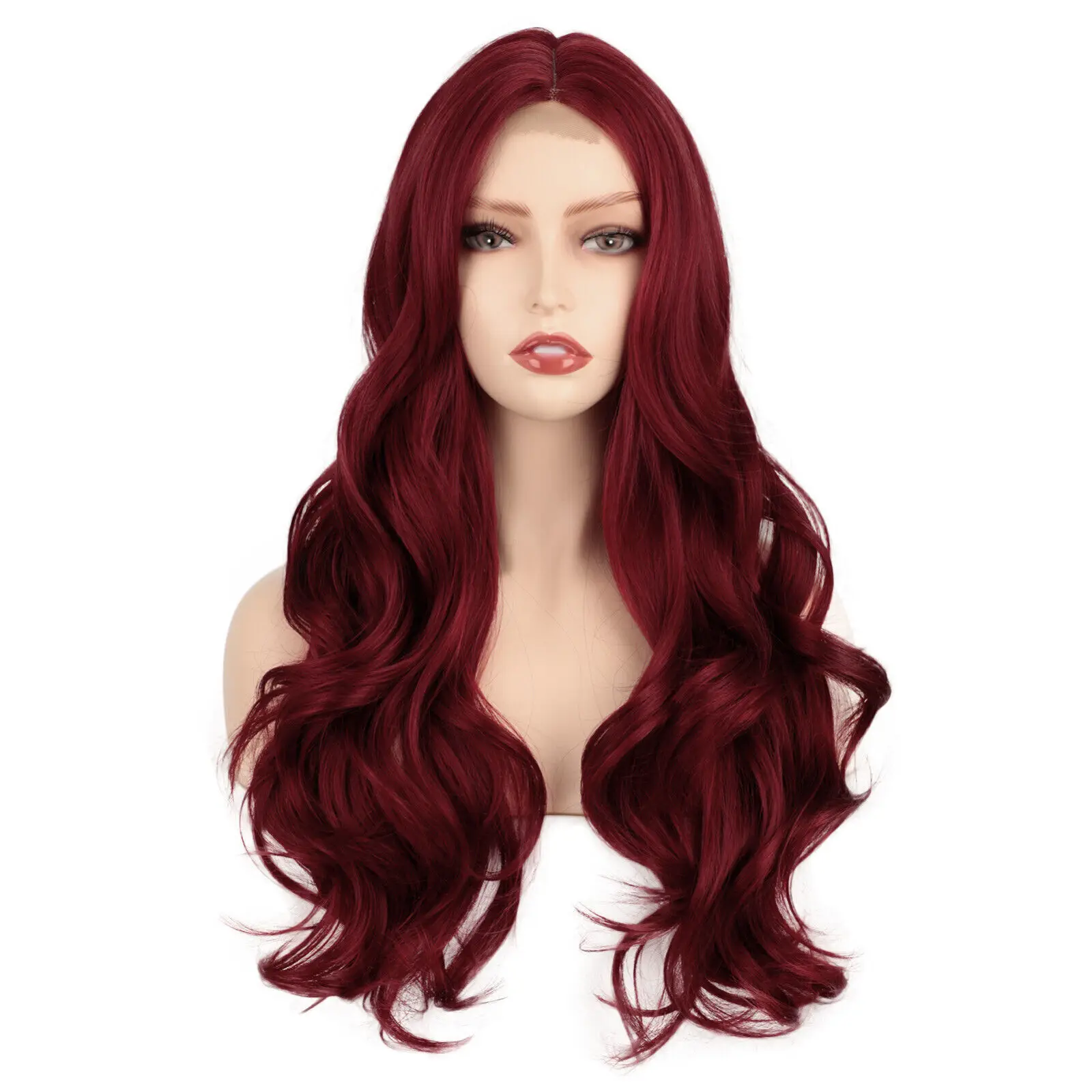 Peluca sintética de encaje frontal para mujer, pelo largo ondulado, esponjoso, rojo vino, Cosplay