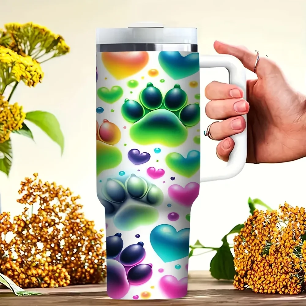40oz Tumbler with Handle, Features Colorful Paw Print And Heart Pattern, Fits Both Hot And Cold Drinks, Ideal for Pet Lovers for Daily Use, Outdoor Travel, Hiking And Camping Trips