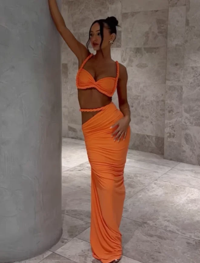 Chekra Walk Solid Color Sexy Hollow Out Twisted Rope Suspender Dress Women's Cut-Waist Slimming Long Dress