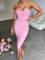 Weiyao-Bodycon vestido maxi para mulheres, sexy robe de malha, sem alças, sem costas, sem mangas, dividir, vestido de noite, club party, longo, rosa, 2023