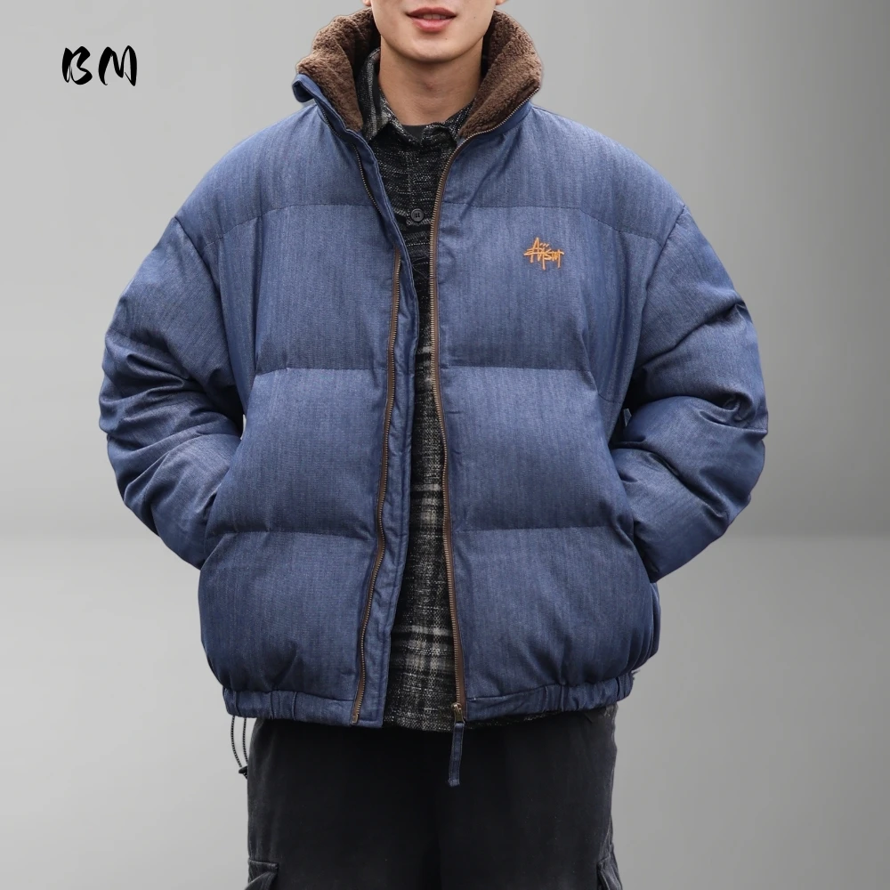 Mens Womens Winter American Vintage Padded Jacket Maroon Brown Embroidered Stand Collar Heavyweight Warm Casual Trendy Coat