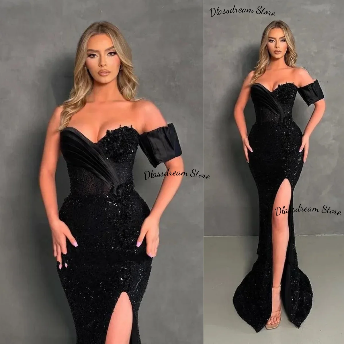 Elegant Black Long Mermaid Prom Dresses Sexy High Front Slit Sweetheart Sequined Formal Evening Gowns Women Robe de soriee