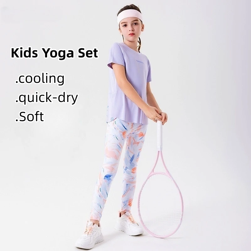 طقم يوجا للتبريد سريع الجفاف للفتيات مكون من قطعتين قمصان وبنطال ضيق للفتيات بأكمام قصيرة UF 50+ طقم تمرين رياضي للأطفال (7-12)