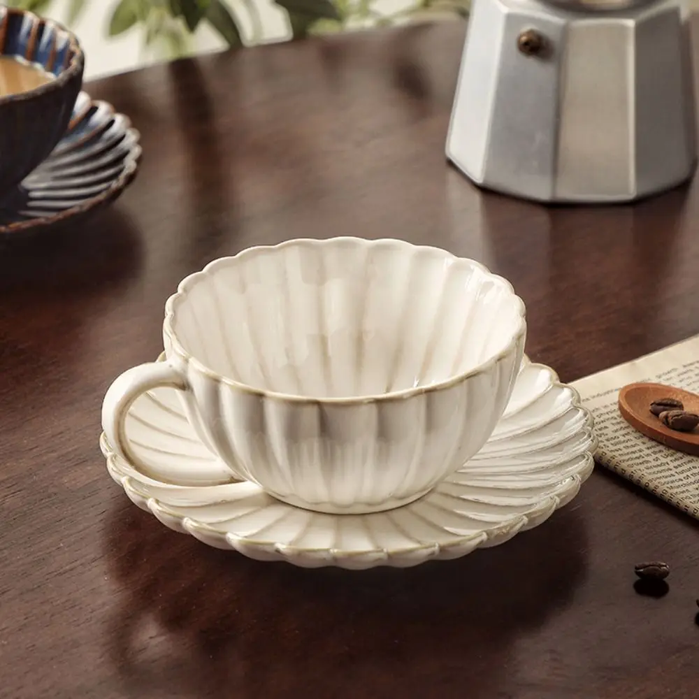 Flower Shaped Ceramic Coffee Cup Plate Set Exquisite Retro Pottery Drinkware Set Light Luxury with Handle Milk Cups Hotel