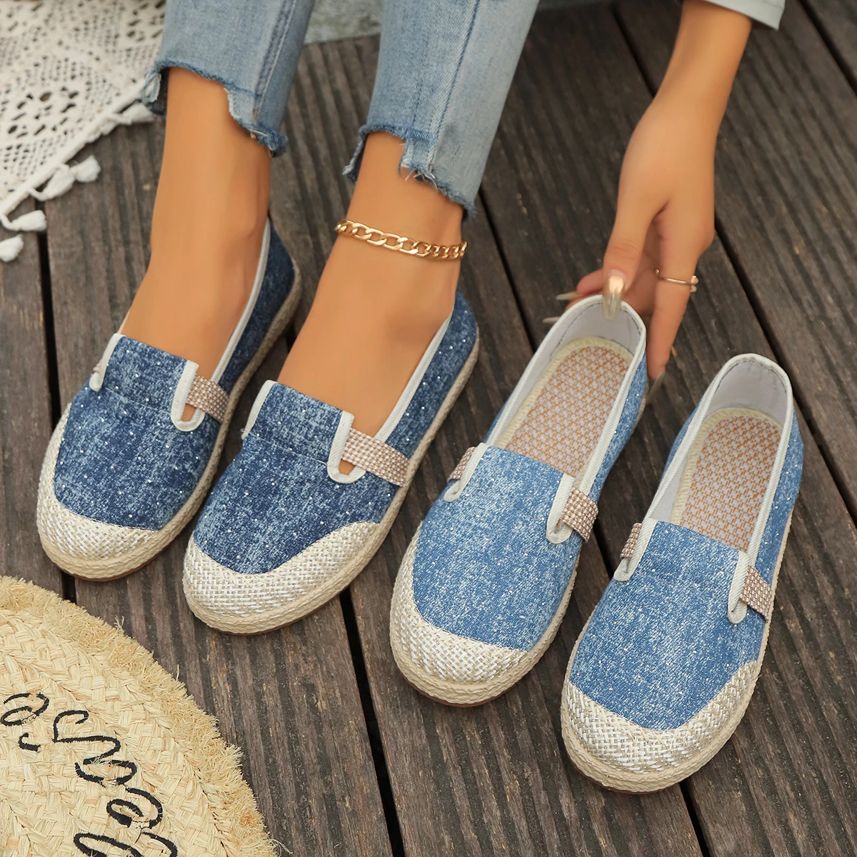 2024 New Round Toe Comfortable Casual Women\'s Shoes Hot Spring Autumn Elegant Breathable Shallow Mouth Blue Canvas Flat Shoes