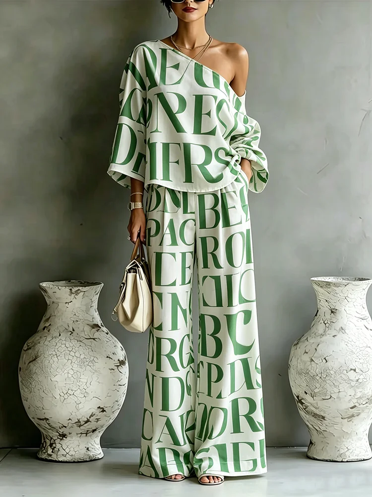 

Women's Fashion Blue Letter Print Set One Shoulder Top High Waist Wide Leg Pants 2-Piece Set Summer Casual Street Outfit