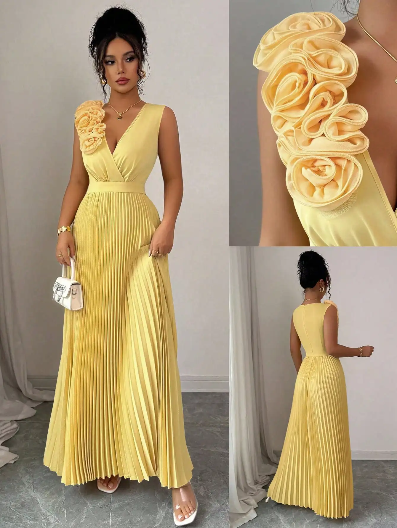 

Cream Yellow V-Neck Pleated A-Line Maxi Dress with Floral Shoulder Detail