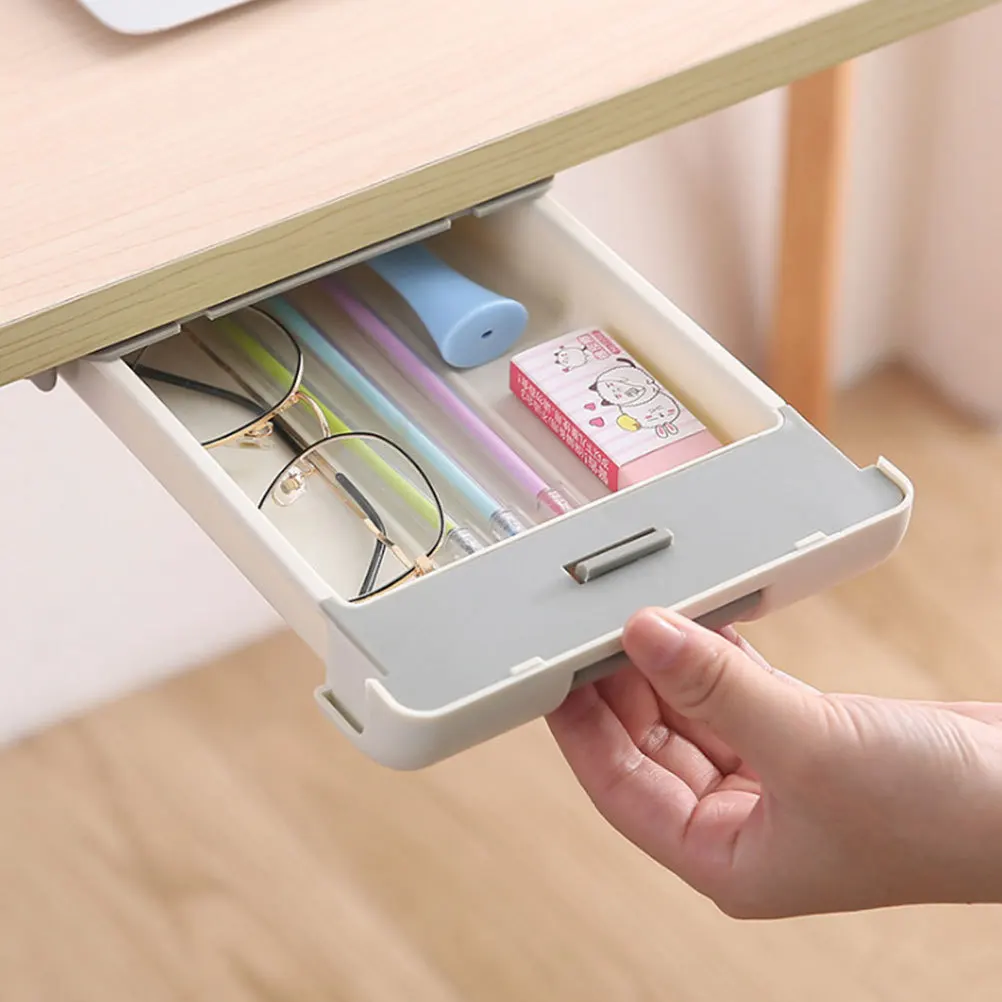 

1pc Hidden Drawer Box For Desk Under Storage Box Table Organizer Under Bed Office Use Abs Material Adhesive Sundries Holder