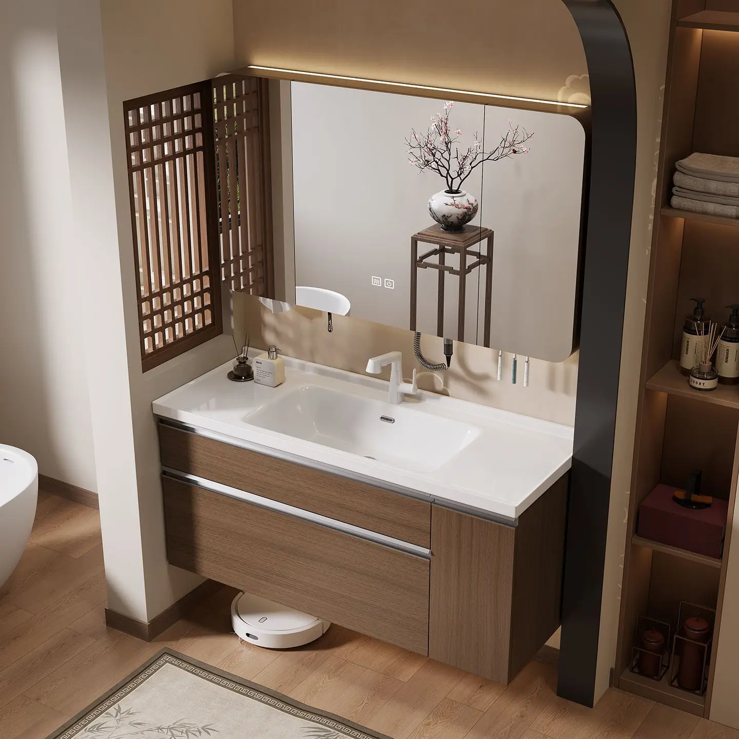 Japanese-style Bathroom Cabinet, Ceramic Integrated Basin Pull-out Basket, Bathroom Washbasin, Washbasin Combination, Washbasin