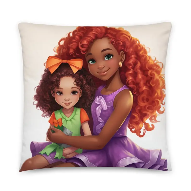 Girl holding her favorite doll Basic Pillow