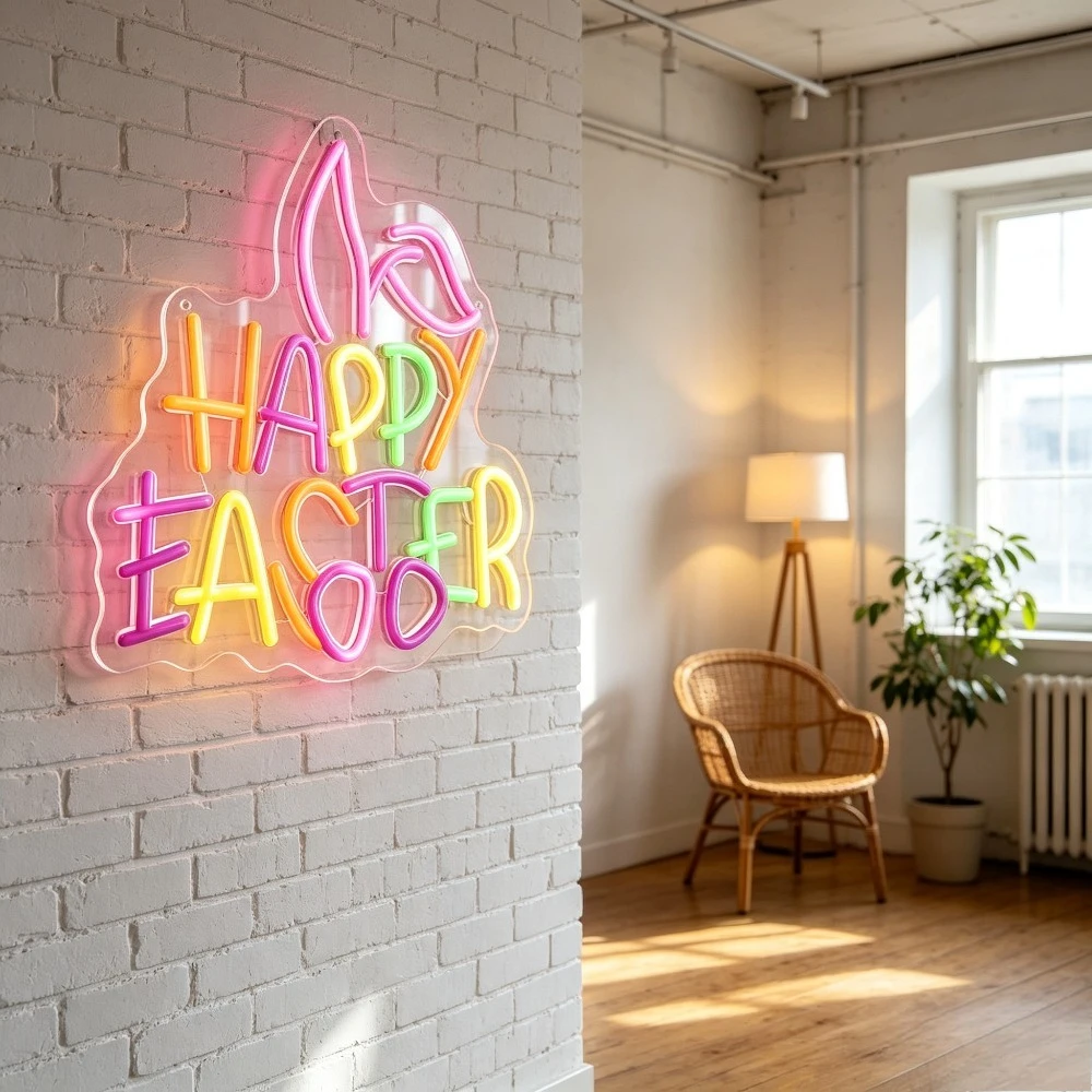 Happy Easter Neon Sign Dimmable LED USB Hang Neon Light for Easter Family Gathering Shop Window Home Decor Festival Party Gift