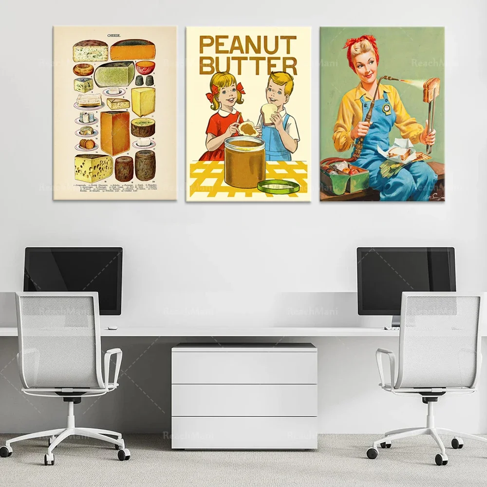 Peanut butter print, sandwich, toast, antique cheese, retro kitchen wall decor art poster