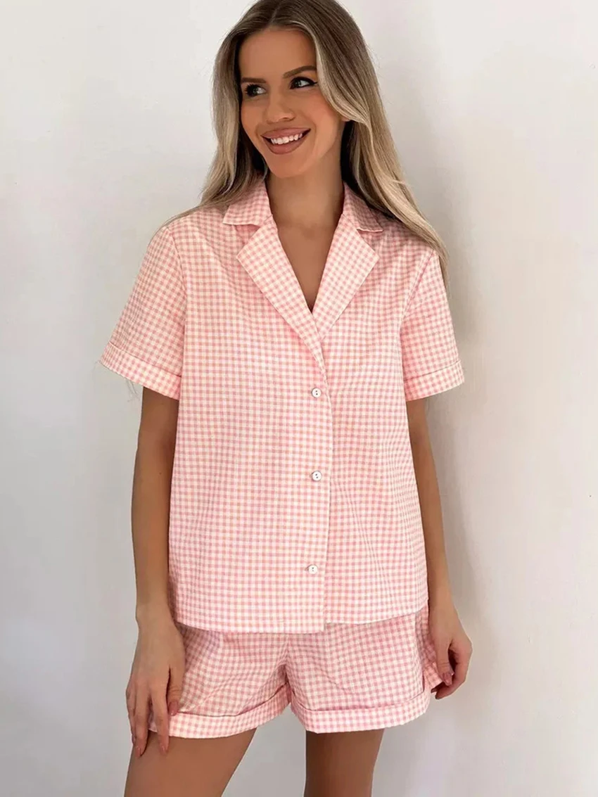 Marthaqiqi Plaid Women'S Sleepwear Set Short Sleeve Nightgowns Sexy Turn-Down Collar Nightwear Shorts Casual Home Clothes Ladies