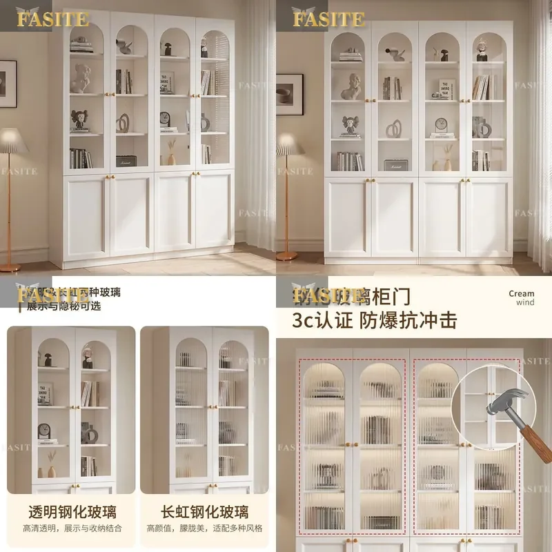 For French Glass Door Bookcase Bookshelf Display Cabinet Living Room Storage Shelf Figure Showcase Combination Furniture