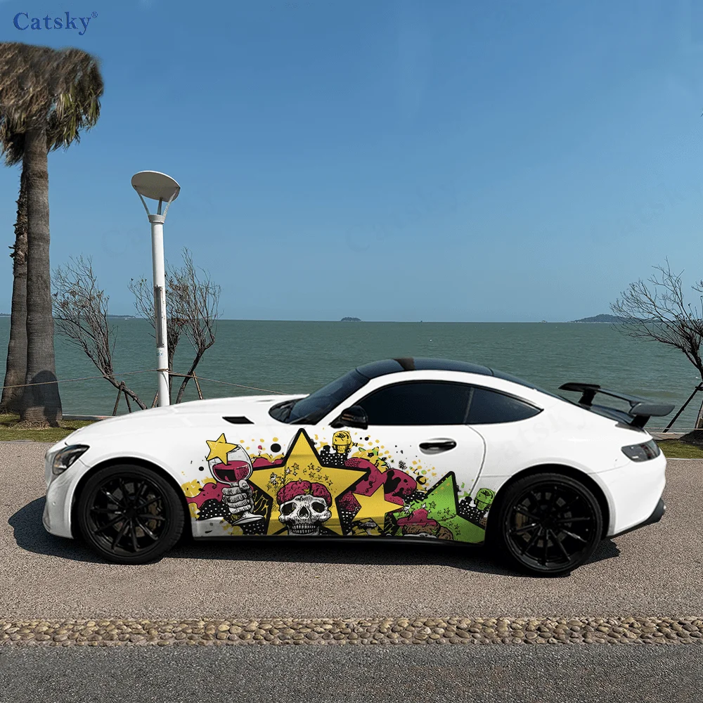 

2 шт. Крутая визуальная ударная звезда, череп и бокал для вина, наклейка для автомобиля. Автомобильная наклейка. Автомобильные виниловые обертки