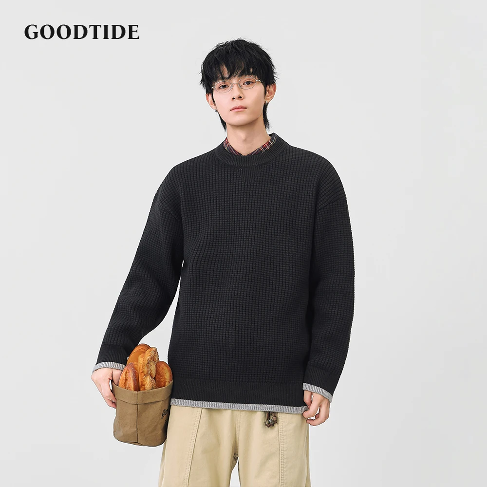 2025 Winter New Fashion Men's Casual Crew Neck Sweater Waffle Knit Pullover Contrast Trim Soft Long Sleeve Jumper Top
