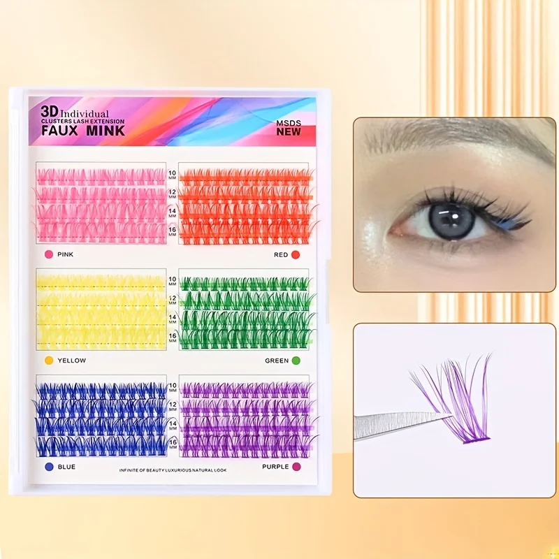 6 Colors 312 Clusters 24 Rows Large Capacity Pre-cut Segmented Easy To Apply Colorful Mixed 3D Cluster Eyelashes For Daily Parti