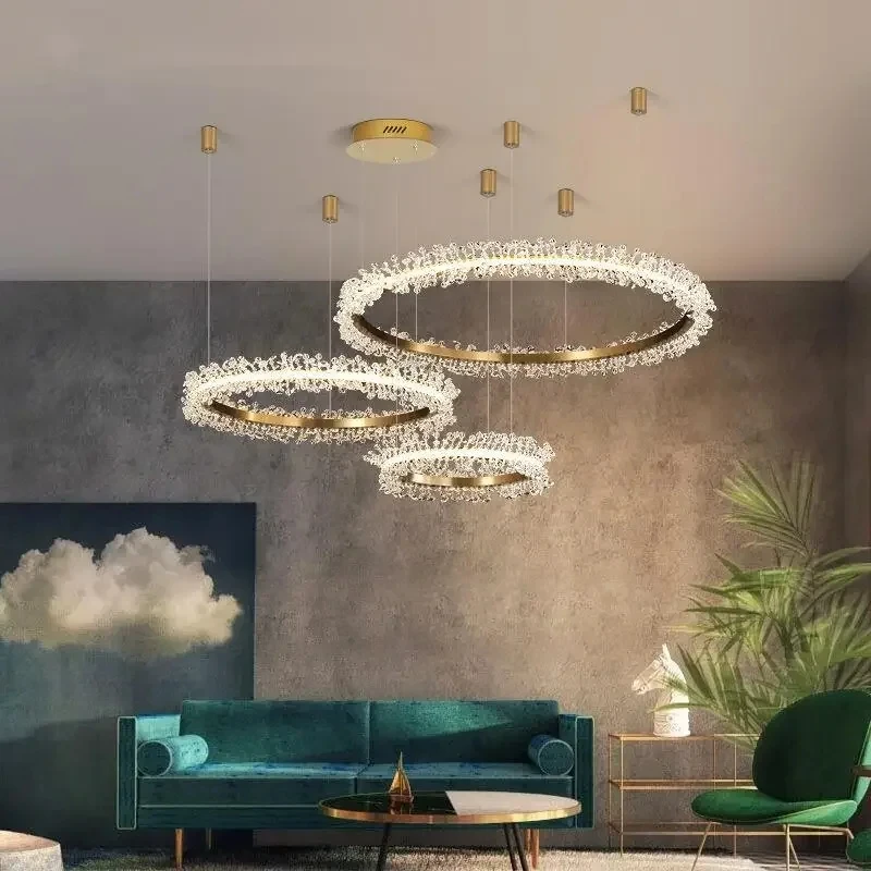 Modern Crystal Chandelier Lighting Home Decoration Lustre Cristal Lamps For Living Room Gold Ring Combination Led Chandeliers