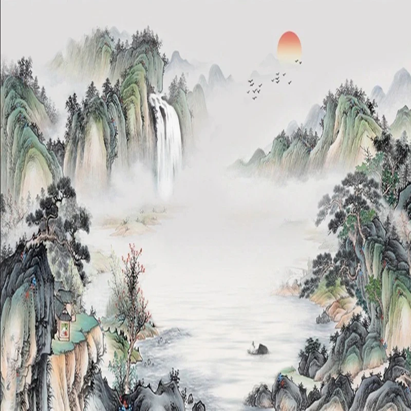 Custom Wall Murals Modern Chinese Style Wallpaper Hand-Drawn Mountain Waterfall Sunset Landscape Wall Art Decor Background