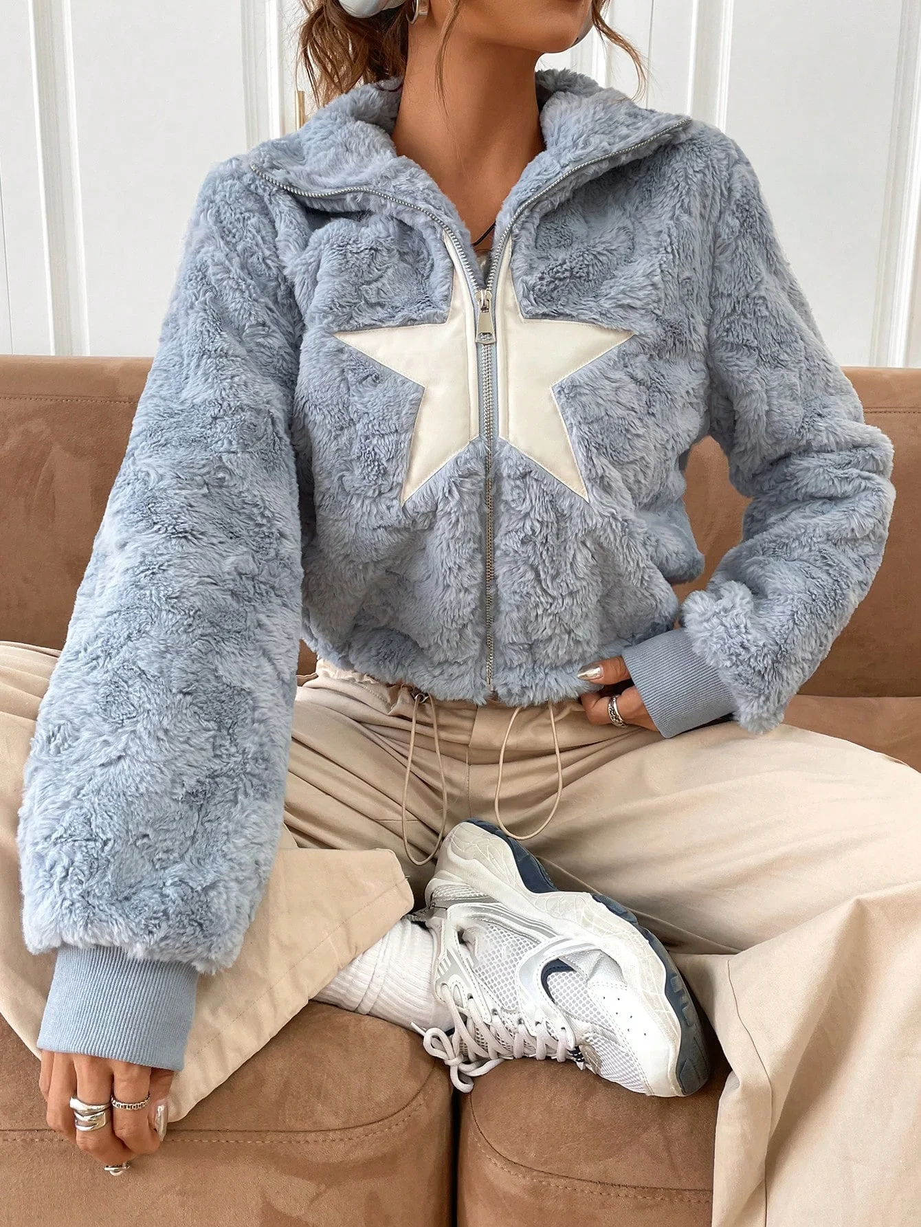 Women's jacket Teddy wool short fur coat with zipper five-pointed cloth short coat lapel warm cold winter coat with pockets