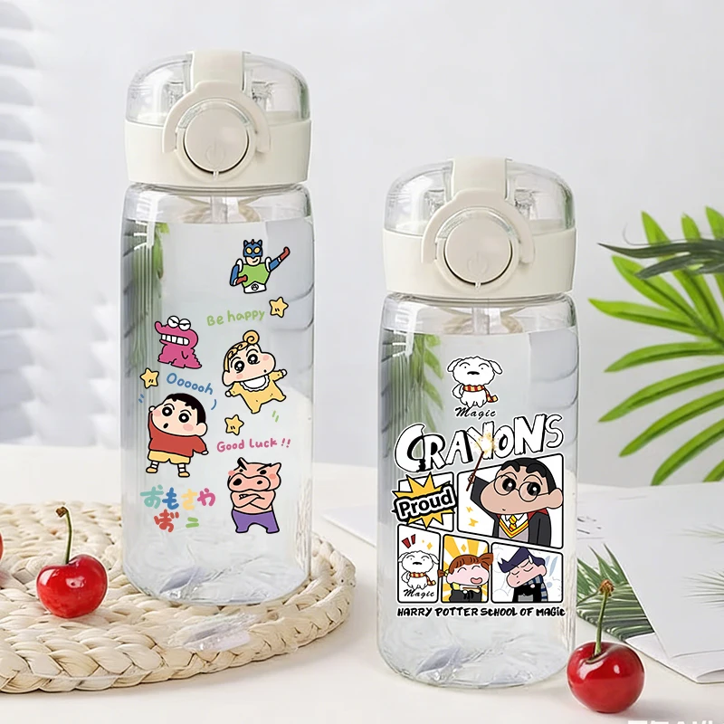 

Детская бутылка для воды 400 мл с соломинкой, аниме-дизайн, персонажи Крейон Шин-чан, портативная пластиковая бутылка для питья для мальчиков и девочек, для улицы