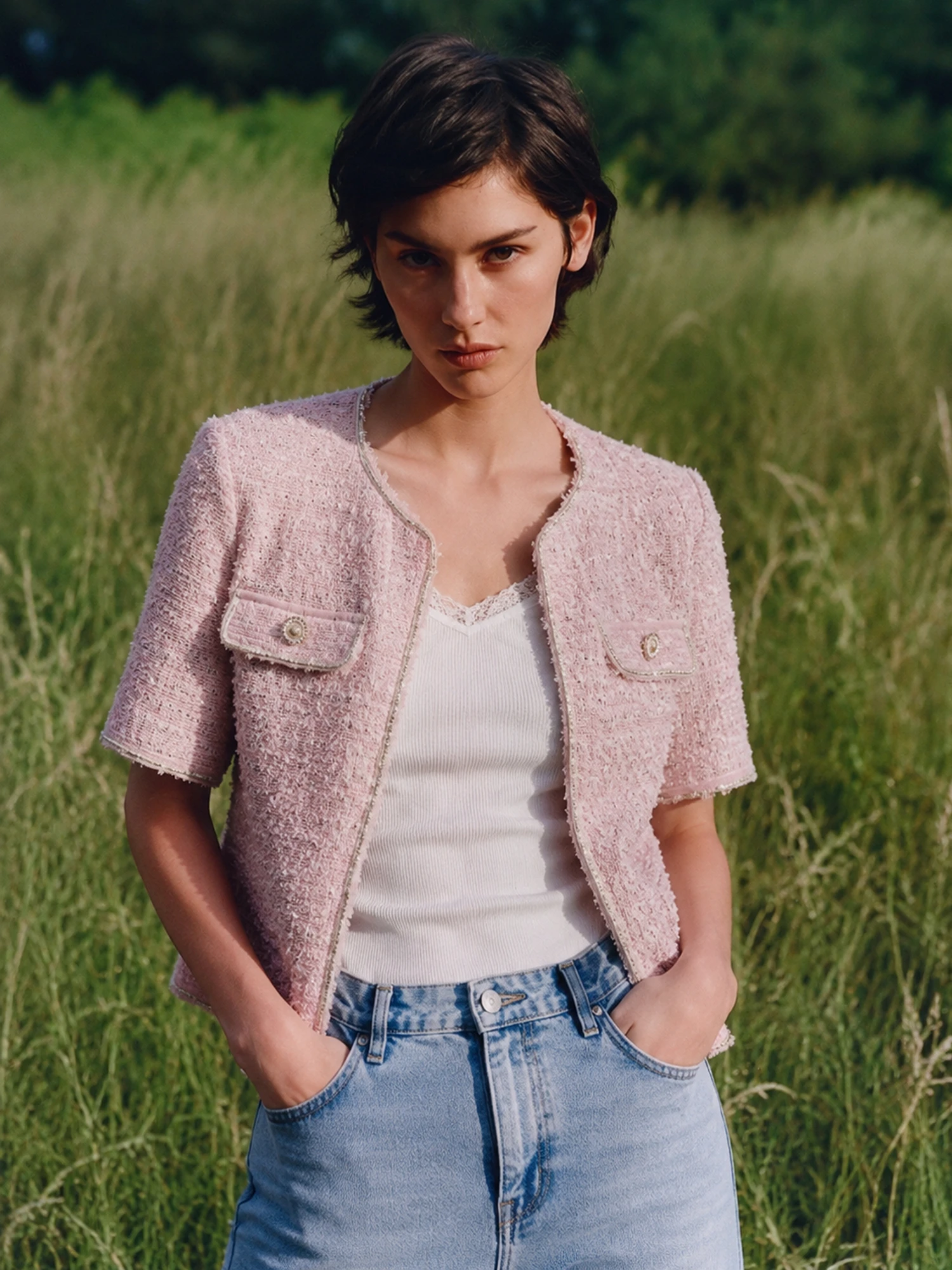 Shiny Feather Mesh Jacket Short Sleeve V-Neck Box Shape Outerwear Crystal Star River like Soft Wool Polyester Blend Commute S...