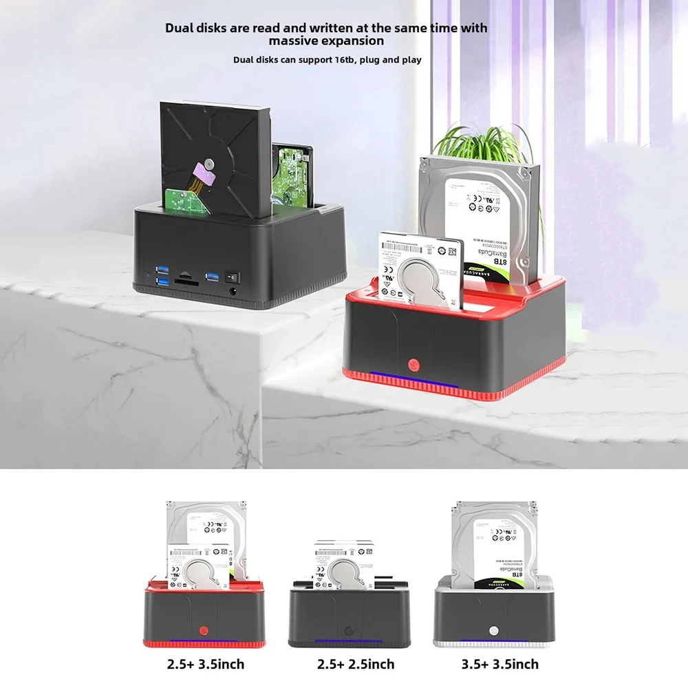 IDE SATA USB 2.0 듀얼 베이 HDD 도킹 스테이션 외장 하드 디스크 드라이브 2.5"/3.5" SSD 인클로저 원터치 백업 허브 카드 리더