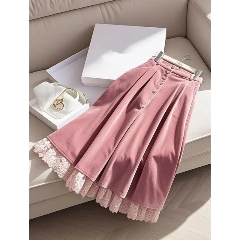 New Sweet Pink Corduroy Skirt Women Fashion Lace Patchwork High Waist Single Breasted A-line Casual Midi Skirts Y2k Clothing