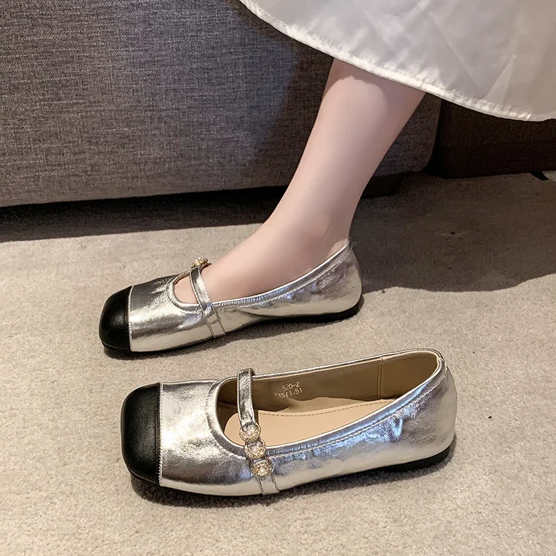 2024 High Quality Women's Shoes Solid Color Fashion Color Matching Square Toe Shallow Mouth Slip-on Buckle Women's Flat Shoes