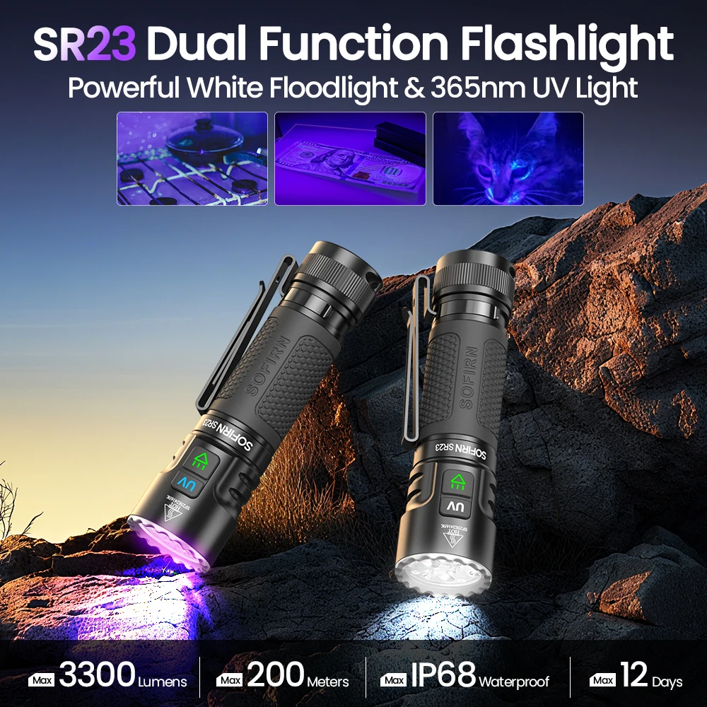 SOFIRN SR23 3300LM Flashlight 6500K UV Light 365nm EDC Light USB C Rechargeable Dual Switch Torch