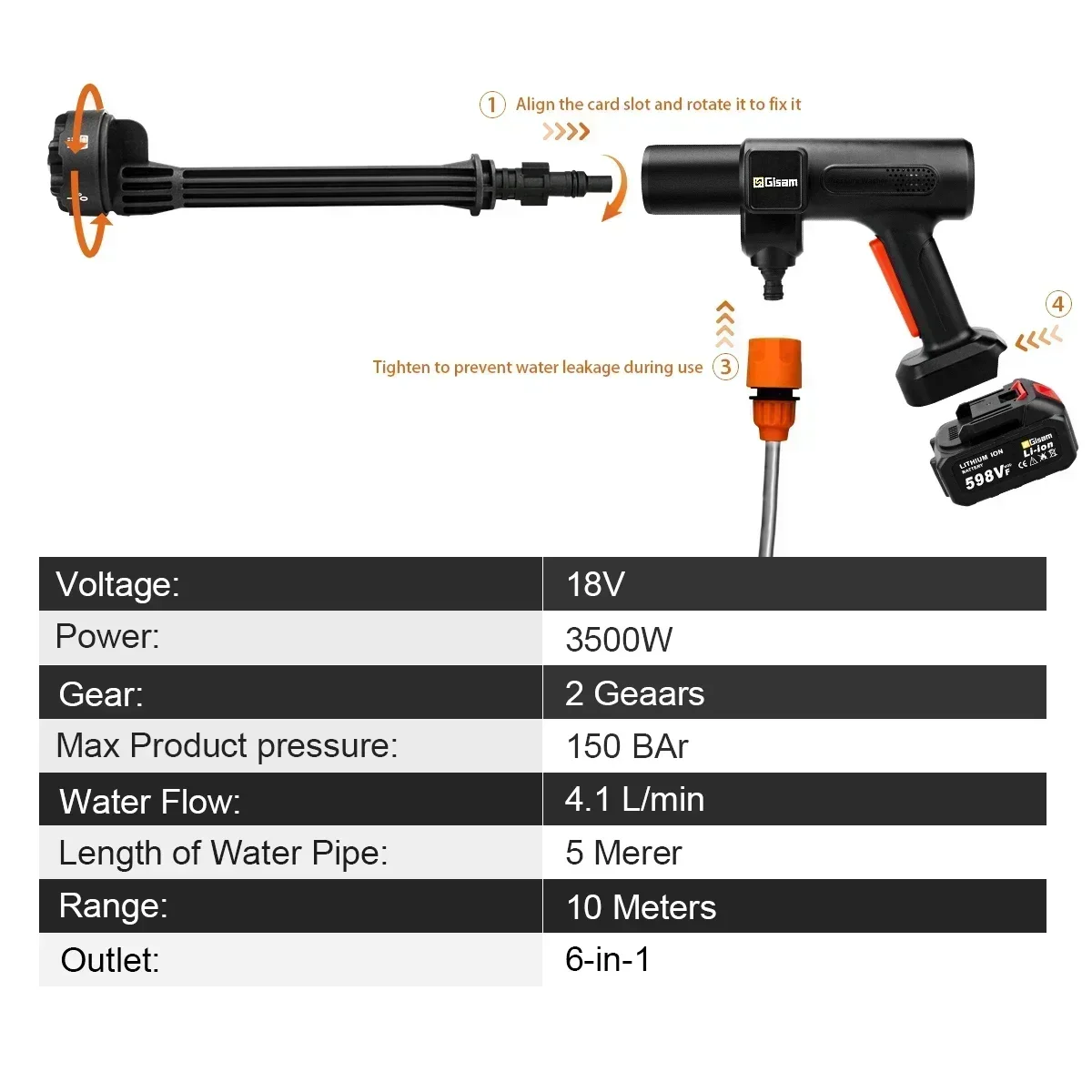 Gisam 150Bar 3500W Electric High Pressure Washer Gun 6-in-1 Car Washing Water Gun Garden Spray Gun for Makita 18V Battery