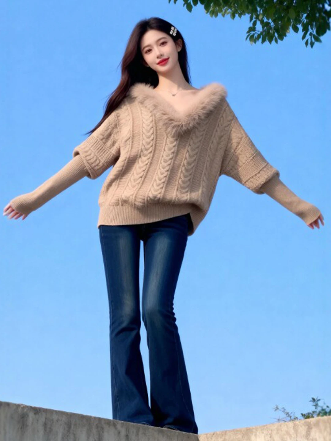 

Retro Sle Loose Knitwear with Cape V-Ne Batwing Sves Faionable Casual Wear for Women Spring Autumn Seasonal Wear